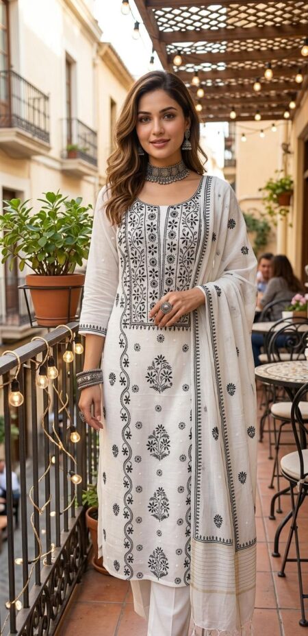White Chikankari Mulchanderi Kurta Dupatta Unstitched Set With Pearl Work And Cutdana