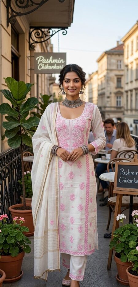 Chikankari Mulchanderi Kurta Dupatta Unstitched Set With Pearl Work And Cutdana
