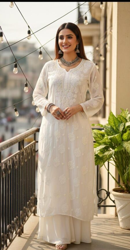 White Chikankari Shadow Work Viscose Pink Katdana Work Long Kurta