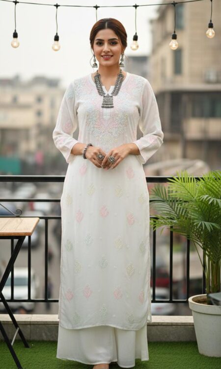 White Chikankari Shasdow work Viscose Katdana Work Long Kurta