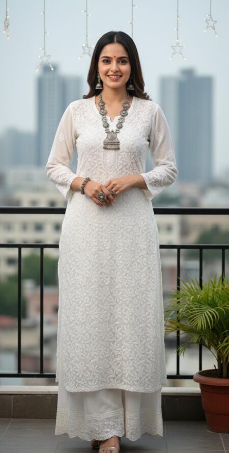 White Chikankari Shadow Work Viscose Heavy Katdana Work Long Kurta
