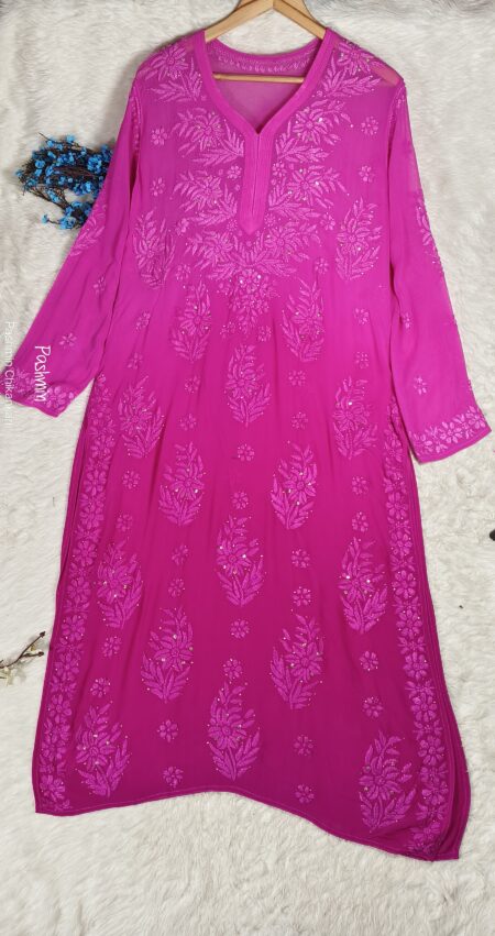 Hot Pink Chikankari Ombre Shade Viscose Kurta With Mukaish Work
