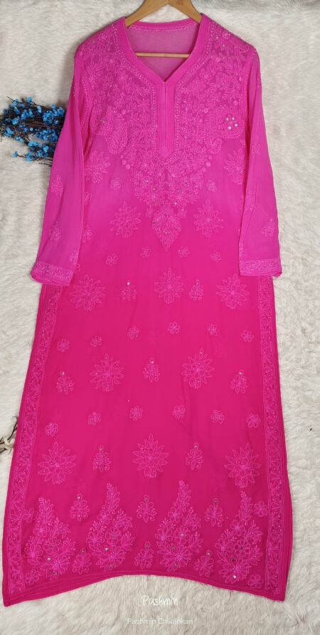 Hot Pink Chikankari Viscose Ombre Shadow Work Mukaish Work Kurta