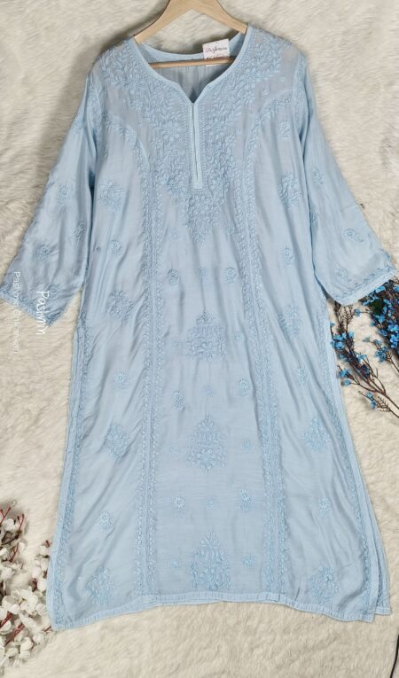 Powder Blue Chikankari 3 Panel Premium Muslin Kurta