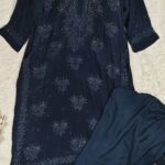 Chikankari Tone To Tone Crape Kurta Pant Set With Mukaish Work - M, Navy Blue