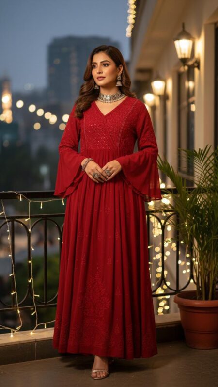 Maroon Chikankari Viscose Angrakha Style Gown With Mukaish Work