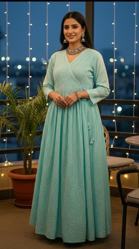 Sea Green Chikankari Pintex Work Ombre Shade Cotton Long Gown