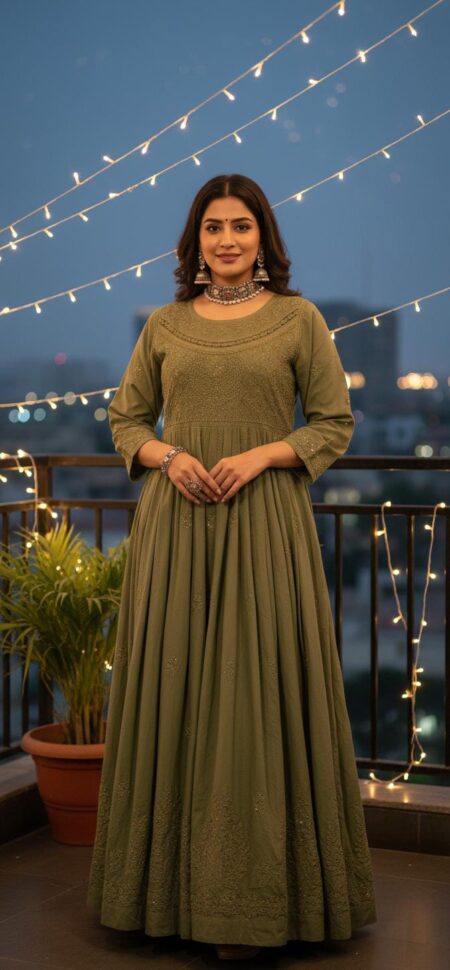 Pastel Green Chikankari Cotton Gown With Mukaish And Lace Work