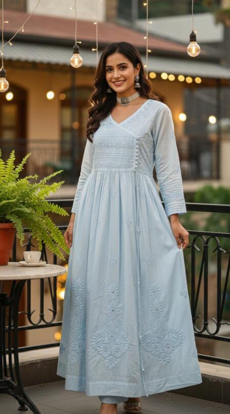 Powder Blue Chikankari Cotton Angrakha Style Gown With Mukaish Work