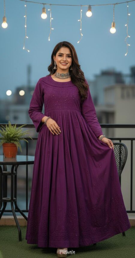 Jamuni Chikankari Cotton Gown With Mukaish And Lace Work