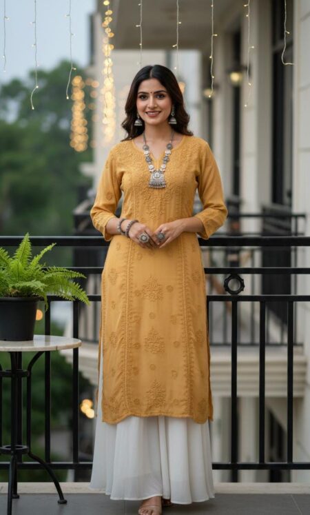 Golden Brown Chikankari Crape 3 Panel Kurta With 3D Work