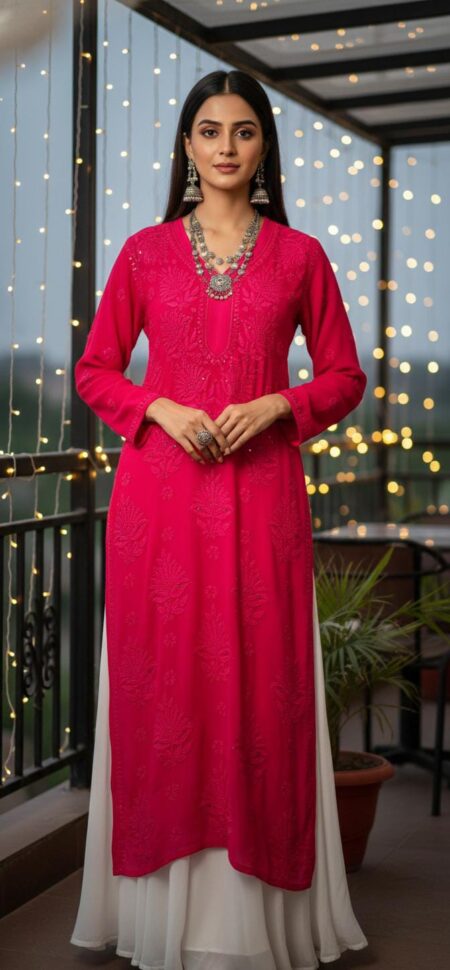 Magenta Chikankari Viscose Ombre Shade Kurta With Mukaish