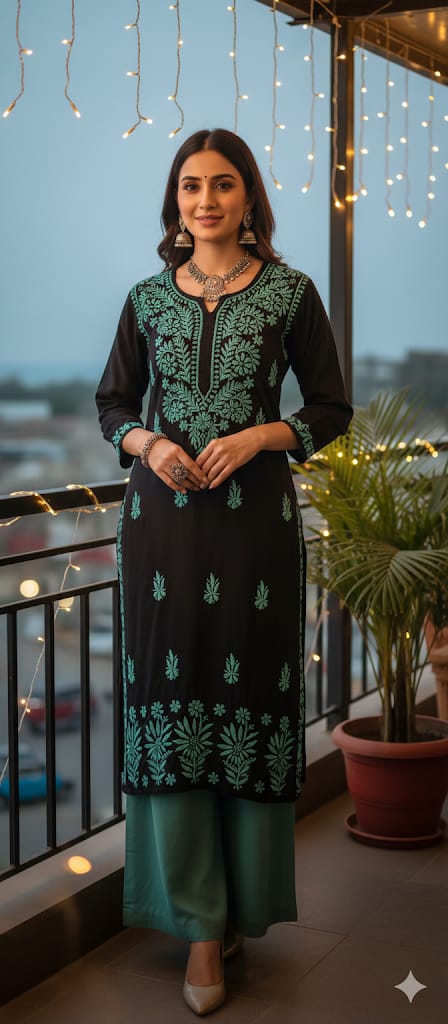 Black Chikankari Modal Cotton Kurta With Sea Green Embroidery