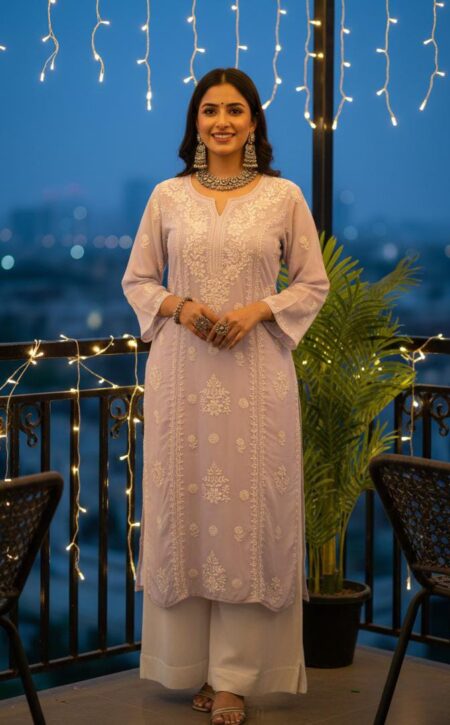 Grey Chikankari Crape 3 Panel Kurta With 3D Work