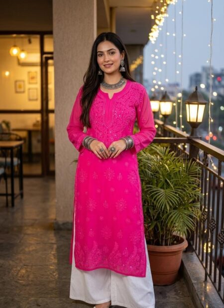 Hot Pink Chikankari Viscose Ombre Shadow Work Mukaish Work Kurta