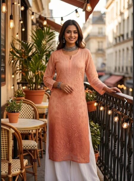 Fawn Chikankari Ombre Shade Viscose Bel Work Kurta