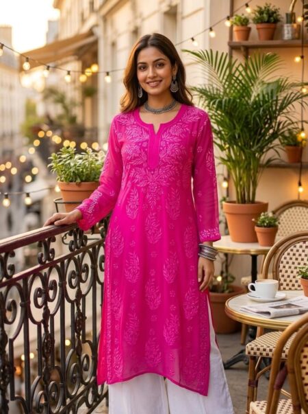 Hot Pink Chikankari Ombre Shade Viscose Kurta With Mukaish Work