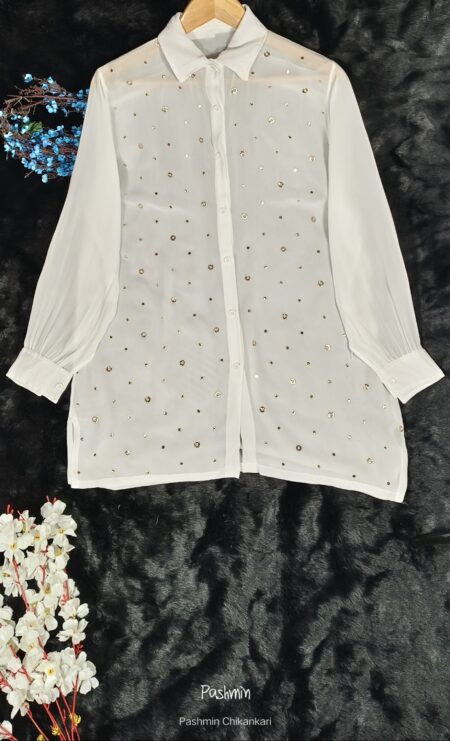 White Chikankari Viscose Shirt With Tikki Mukaish Work