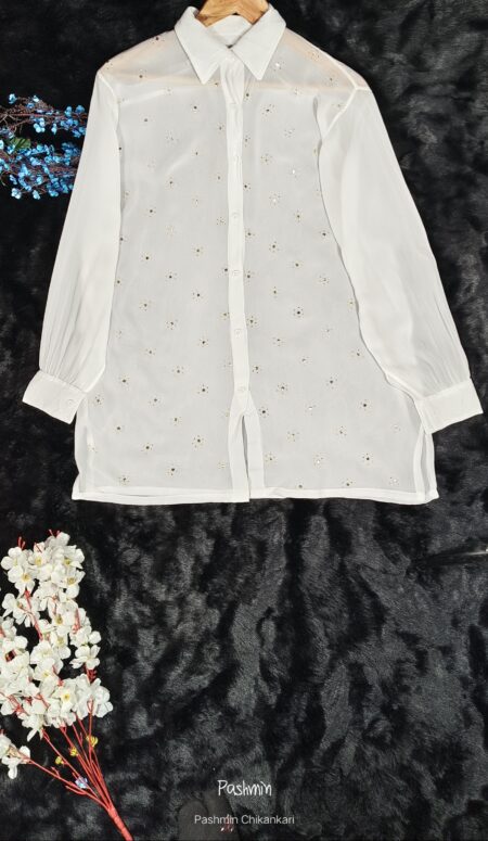 White Chikankari Viscose Shirt With Floral Mukiash Work