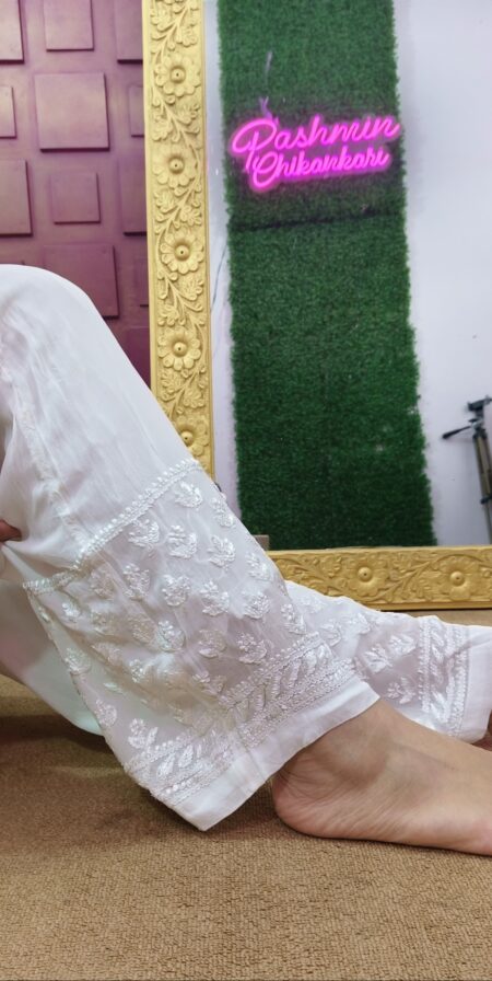White Chikankari Viscose Pant With Resham Dhaga Embroidery