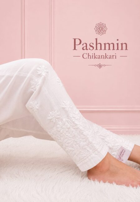 White Chikankari Modal Cotton Pant With 3D Embroidery