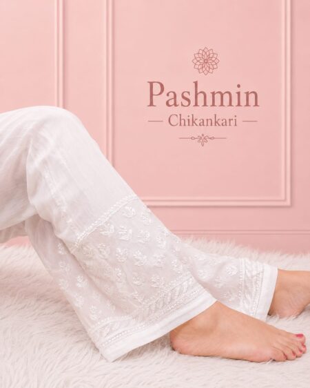 White Chikankari Viscose Pant With Resham Dhaga Embroidery