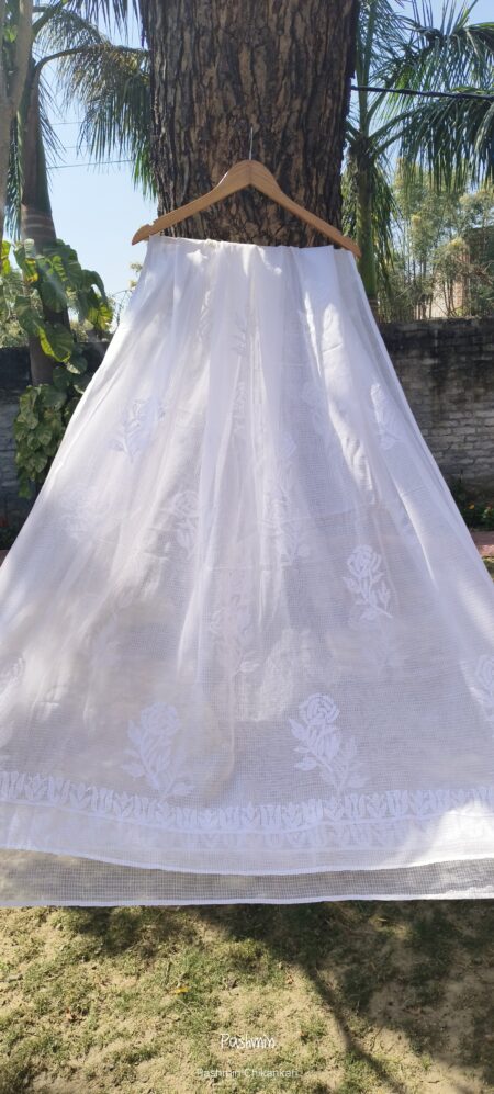White Chikankari Rose Embroidery Kota Dupatta