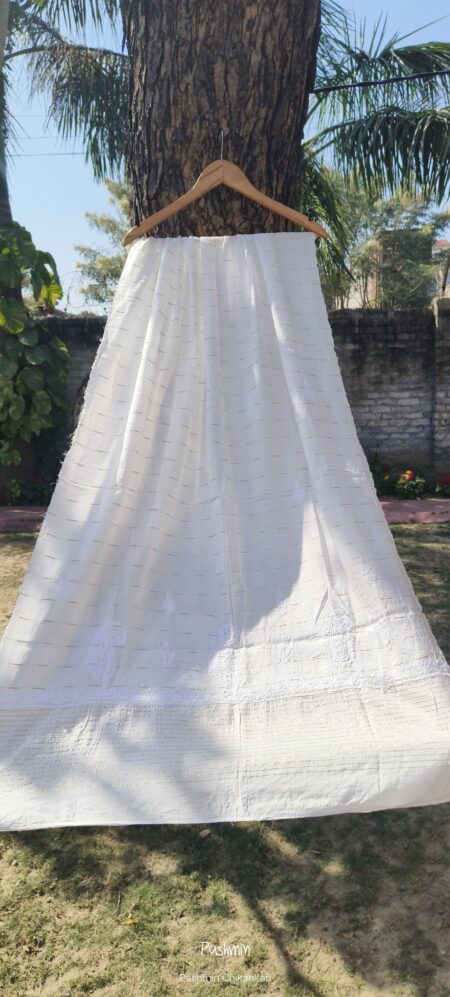 Off White Chikankari Chanderi Stole With Golden Weave And Sequins Work