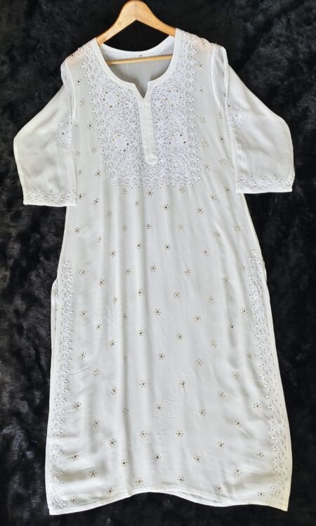 White Chikankari Viscose Tikki Work Mukaish Kurta
