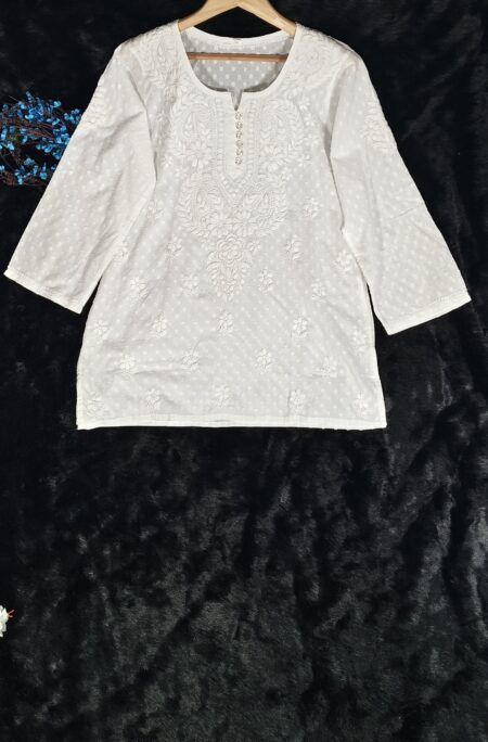 White Chikankari Dobby Cotton Dyeable Front Button Top
