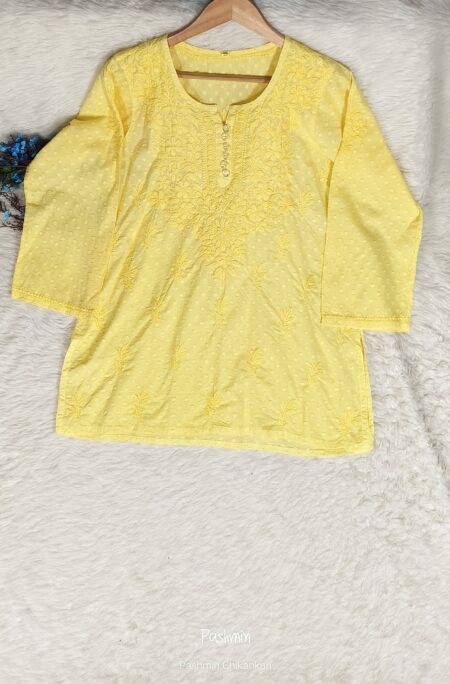 Yellow Chikankari Dobby Cotton Tone To Tone Front Button Top