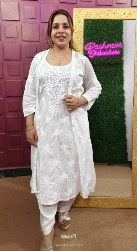 White Chikankari Dobby Cotton Noodle Strap Kurta With Shrug Set
