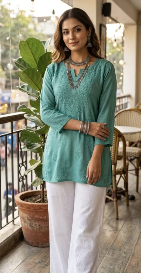 Chikankari Modal Cotton Tone To Tone Short Kurta