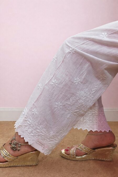 White Chikankari Cotton V Border Pant