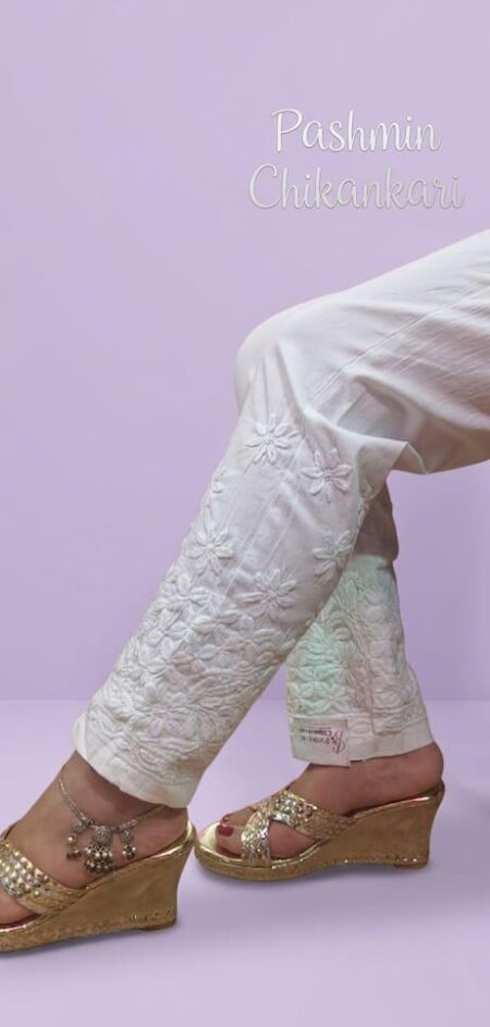 White Chikankari 3D Lycra Cotton Pant