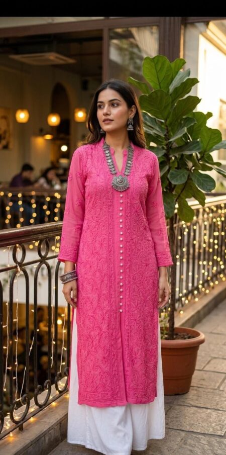 Chikankari Georgette Tone To Tone Kurta With Front Buttons