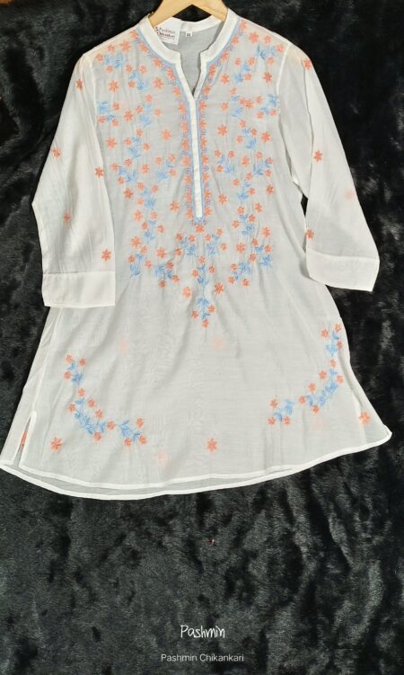 White Chikankari Blue Orange Flower Embroidery Mulchanderi Shirt Style Top