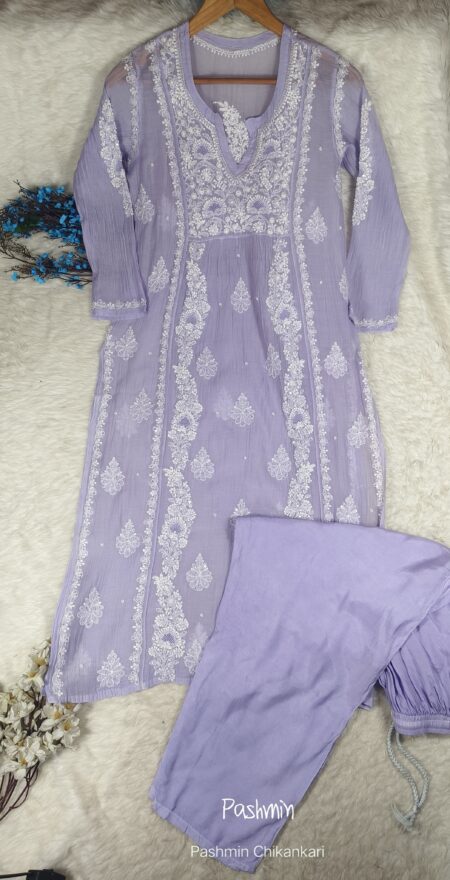 Chikankari Hathkatijaali Cutdana Pearl With Sequins Work Mulchanderi Kurta With Muslin Pant