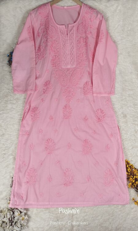 Pink Chikasnkari Neck Lace Cotton Kurta