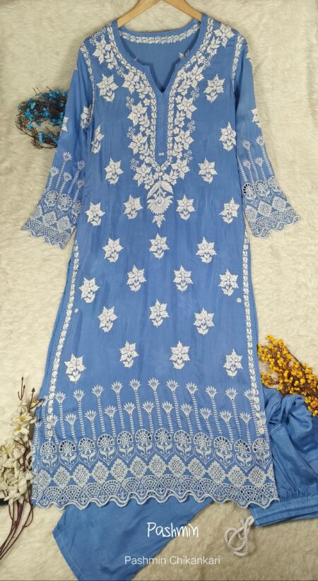 Chikankari Muslin Heavy Lace Work Kurta Pant Set