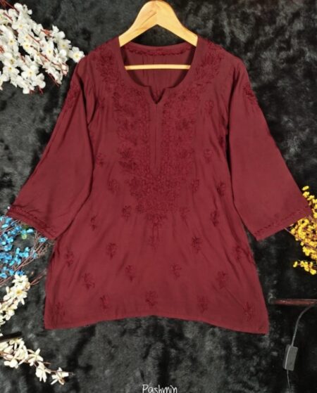 Chikankari Modal Cotton Dark Maroon Tone To Tone Top