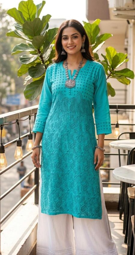 Chikankari Voile Cotton Applique Work With Keel Kangan Heavy Shadow Daman Work Kurta