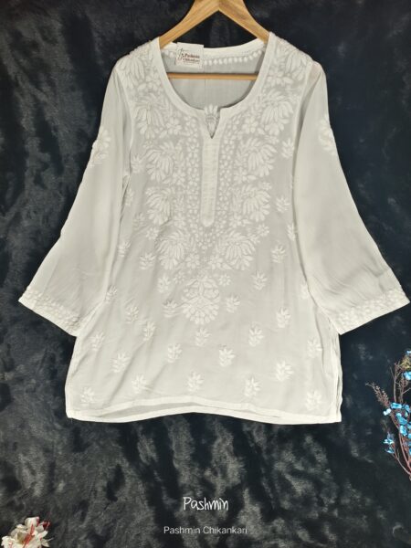 White Chikankari Heavy Neck Embroidery Modal Top