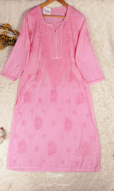 Chikankari Cotton Long Neck Lace Work Kurta