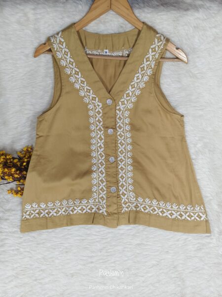 Golden Chikankari Glace Cotton Sleeveless Front Button Shirt Style Top