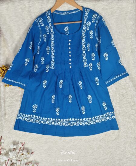 Ferozi Blue Chikankari Cotton Front Button Top
