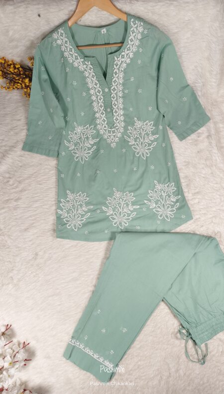 Pista Green Chikankari Cotton Front Button Co-Ord Set