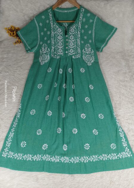 Green Chikankari A-line Cotton Kurta