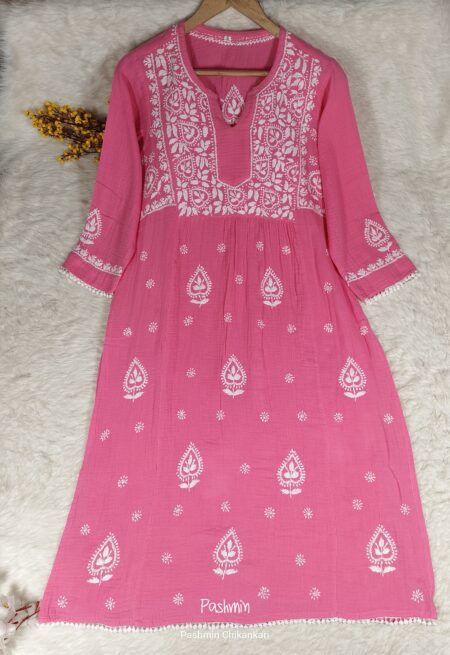 Pink Chikankari Double Gauze Crushed Cotton Kurta
