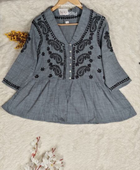 Grey Chikankari Cotton Peplum Top With Black Embroidery